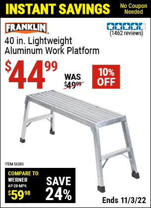 Buy the FRANKLIN 40 In. Lightweight Aluminum Work Platform (Item 56203) for $44.99, valid through 11/3/2022.