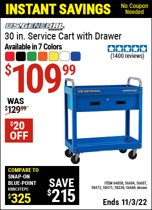 U.S. General 30 in. Service Cart with Drawer Black 56604