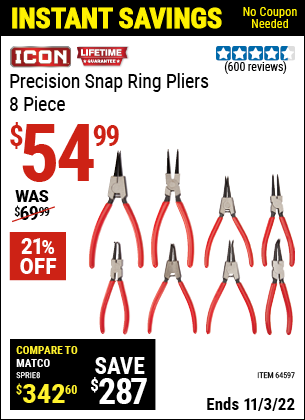 Buy the ICON Precision Snap Ring Pliers 8 Pc. (Item 63841) for $54.99, valid through 11/3/2022.