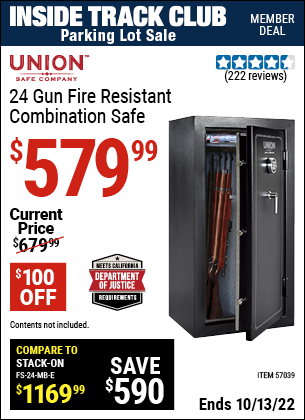 Inside Track Club members can buy the UNION SAFE COMPANY 24 Gun Fire Resistant Combination Safe (Item 57039) for $579.99, valid through 10/13/2022.