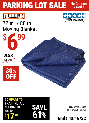 FRANKLIN 72 in. x 80 in. Moving Blanket for $6.99 – Harbor Freight Coupons