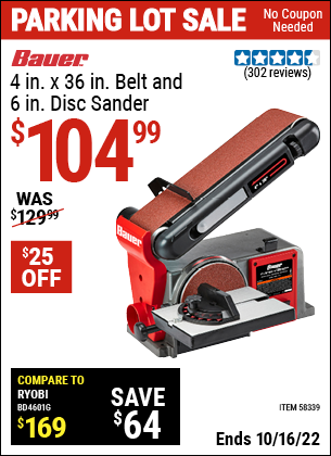 Buy the BAUER 4 In. X 36 In. Belt And 6 In. Disc Sander (Item 58339) for $104.99, valid through 10/16/2022.