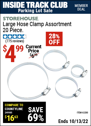 Inside Track Club members can buy the STOREHOUSE Large Hose Clamp Assortment 20 Pc. (Item 63280) for $4.99, valid through 10/13/2022.