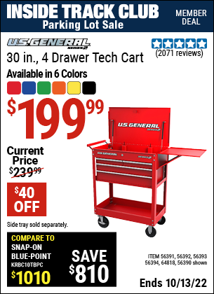 U.S. GENERAL 30 In. 4 Drawer Tech Cart for $199.99 – Harbor Freight Coupons