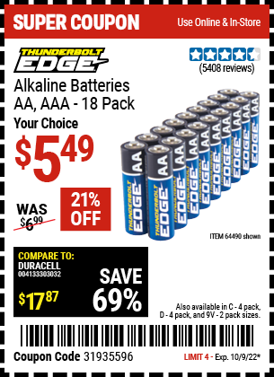 THUNDERBOLT EDGE Alkaline Batteries for $5.49 – Harbor Coupons