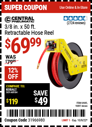 Buy the CENTRAL PNEUMATIC 3/8 In. X 50 Ft. Retractable Hose Reel (Item 93897/64685) for $69.99, valid through 10/9/2022.