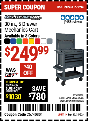 U.S. GENERAL Series 2 30 In. 5 Drawer Mechanic’s Cart for $249.99 ...