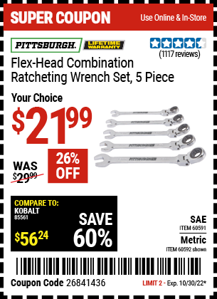 PITTSBURGH Metric or SAE Flex-Head Combination Ratcheting Wrench Set 5 ...