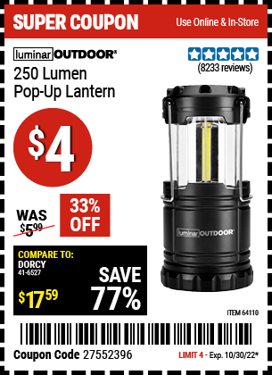 Buy the LUMINAR OUTDOOR 250 Lumen Compact Pop-Up Lantern (Item 64110) for $4, valid through 10/30/2022.