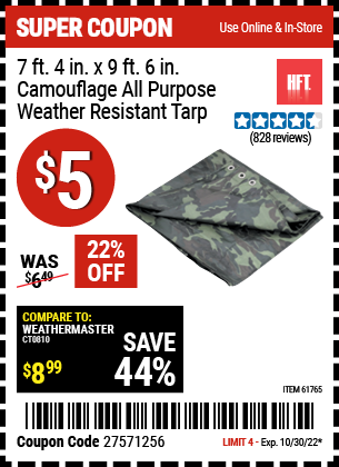 Buy the HFT 7 ft. 4 in. x 9 ft. 6 in. Camouflage All Purpose/Weather Resistant Tarp (Item 61765/46411) for $5, valid through 10/30/2022.