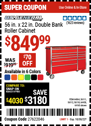 Buy the U.S. GENERAL 56 in. Double Bank Green Roller Cabinet (Item 56110/56111/56112/64165/64458/64457/64864) for $849.99, valid through 10/30/2022.