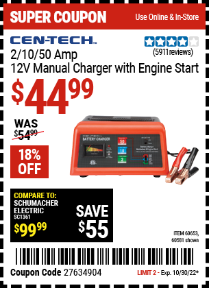 Buy the CEN-TECH 12V Manual Charger With Engine Start (Item 60581/60653) for $44.99, valid through 10/30/2022.