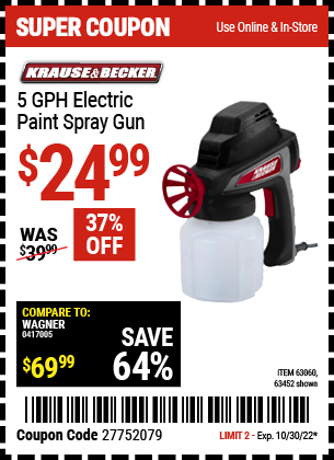 Buy the KRAUSE & BECKER 5 GPH Electric Paint Spray Gun (Item 63452/63060) for $24.99, valid through 10/30/2022.