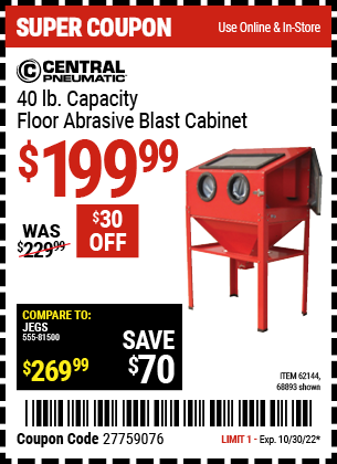 Buy the CENTRAL PNEUMATIC 40 Lb. Capacity Floor Blast Cabinet (Item 68893/62144) for $199.99, valid through 10/30/2022.