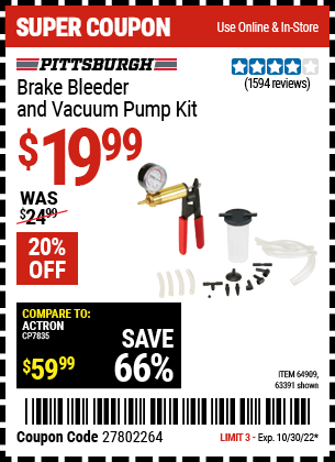 Buy the PITTSBURGH AUTOMOTIVE Brake Bleeder and Vacuum Pump Kit (Item 63391) for $19.99, valid through 10/30/2022.