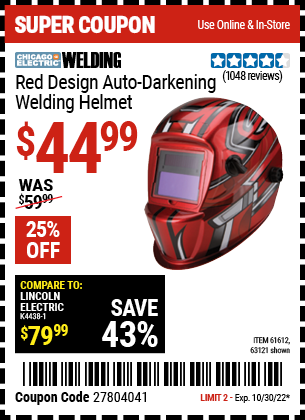 Buy the CHICAGO ELECTRIC Red Design Auto Darkening Welding Helmet (Item 63121/61612) for $44.99, valid through 10/30/2022.