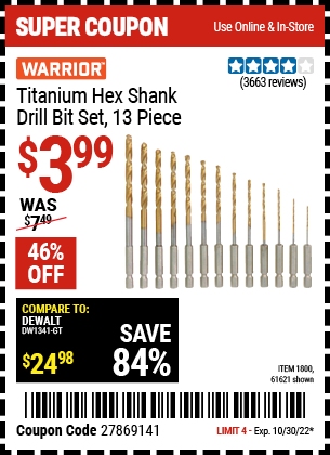 Buy the WARRIOR Titanium High Speed Steel Drill Bit Set 13 Pc. (Item 61621/1800) for $3.99, valid through 10/30/2022.