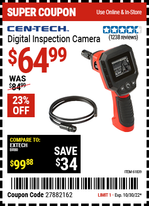 Buy the CEN-TECH Digital Inspection Camera (Item 61839) for $64.99, valid through 10/30/2022.