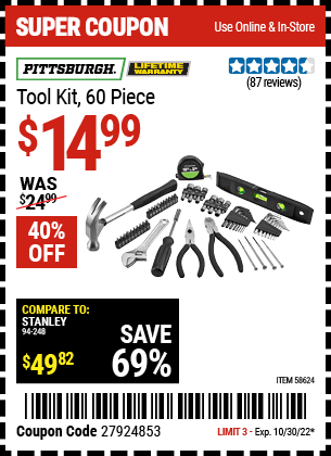 Buy the PITTSBURGH Tool Kit (Item 58624) for $14.99, valid through 10/30/2022.