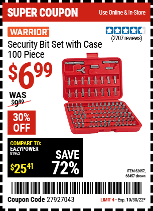 Buy the WARRIOR Security Bit Set with Case 100 Pc. (Item 68457/62657) for $6.99, valid through 10/30/2022.