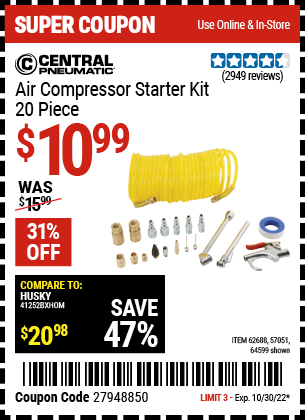 Buy the CENTRAL PNEUMATIC Air Compressor Starter Kit 20 Pc. (Item 64599/57051) for $10.99, valid through 10/30/2022.