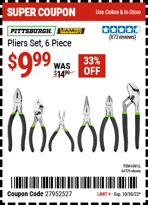 Buy the PITTSBURGH Pliers Set 6 Pc. (Item 63812/63812) for $9.99, valid through 10/30/2022.
