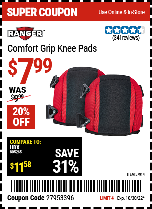 Buy the RANGER Comfort Grip Knee Pads (Item 57914) for $7.99, valid through 10/30/2022.