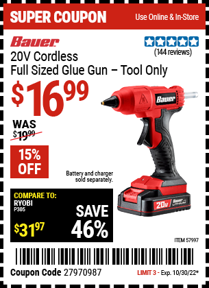 Bauer 20V Cordless Full Sized Glue Gun - Tool Only