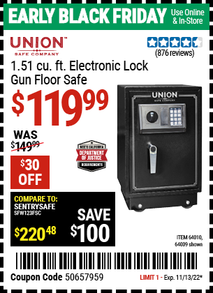 Buy the UNION SAFE COMPANY 1.51 cu. ft. Electronic Lock Gun Floor Safe (Item 64009/64010) for $119.99, valid through 11/13/2022.