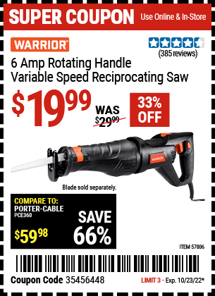 WARRIOR 6 Amp Rotating Handle Variable Speed Reciprocating Saw for $19. ...