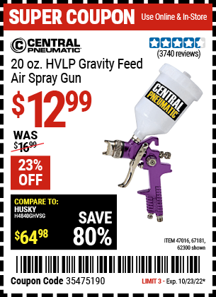 CENTRAL PNEUMATIC 20 oz. HVLP Gravity Feed Air Spray Gun for $12.99 ...