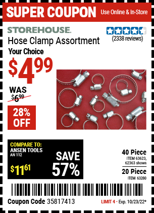 Buy the STOREHOUSE Large Hose Clamp Assortment 20 Pc. (Item 63280) for $4.99, valid through 10/23/2022.