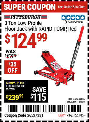 Buy the PITTSBURGH AUTOMOTIVE 3 Ton Low Profile Steel Heavy Duty Floor Jack With Rapid Pump (Item 56617/56618/56619/56620) for $124.99, valid through 10/23/2022.