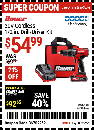Buy the BAUER 20V Hypermax Lithium 1/2 In. Drill/Driver Kit (Item 63531/63531) for $54.99, valid through 10/23/2022.