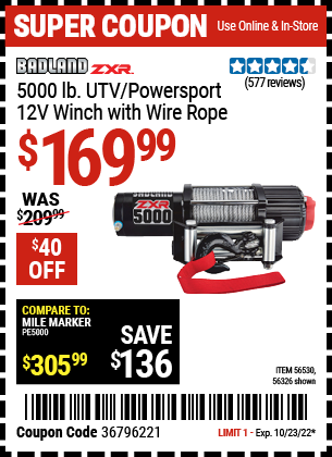 Buy the BADLAND 5000 Lb. UTV/Powersport 12V Winch (Item 56326/56530) for $169.99, valid through 10/23/2022.