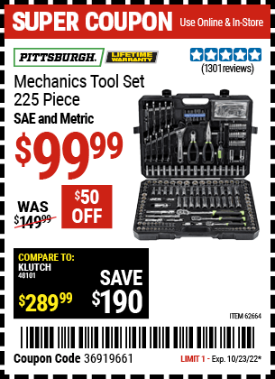 PITTSBURGH Mechanic’s Tool Kit 225 Pc. for $99.99 – Harbor Freight Coupons