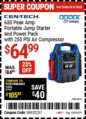Buy the CEN-TECH 630 Peak Amp Portable Jump Starter and Power Pack with 250 PSI Air Compressor (Item 58978) for $64.99, valid through 10/23/2022.