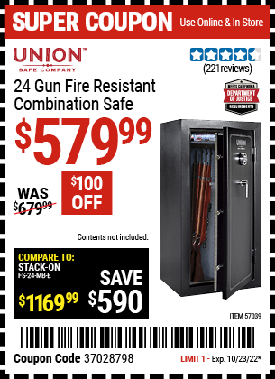 Buy the UNION SAFE COMPANY 24 Gun Fire Resistant Combination Safe (Item 57039) for $579.99, valid through 10/23/2022.