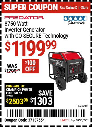 Buy the PREDATOR 8750 Watt Inverter Generator With CO SECURE (Item 57480) for $1199.99, valid through 10/23/2022.