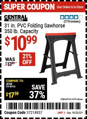 Buy the CENTRAL MACHINERY Foldable Sawhorse (Item 61979/60710) for $10.99, valid through 10/23/2022.