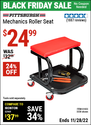 Buy the PITTSBURGH AUTOMOTIVE Mechanic's Roller Seat (Item 03338/61653) for $24.99, valid through 11/28/2022.