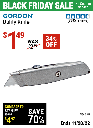 Buy the GORDON Retractable Utility Knife (Item 03359) for $1.49, valid through 11/28/2022.