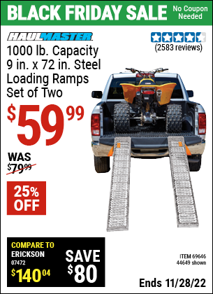 Buy the HAUL-MASTER 1000 lb. Capacity 9 in. x 72 in. Steel Loading Ramps Set of Two (Item 44649/69646) for $59.99, valid through 11/28/2022.