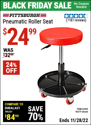 Buy the PITTSBURGH AUTOMOTIVE Pneumatic Roller Seat (Item 46319/63456) for $24.99, valid through 11/28/2022.