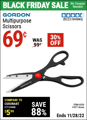 Buy the GORDON Multipurpose Scissors (Item 47877/63520) for $0.69, valid through 11/28/2022.