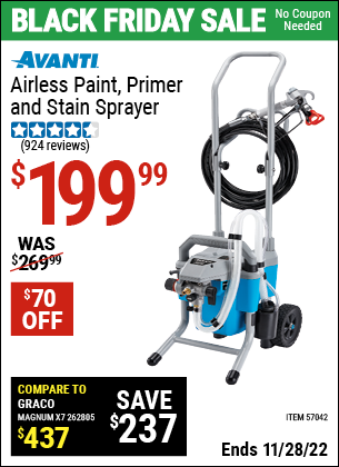 Buy the AVANTI Airless Paint, Primer & Stain Sprayer Kit (Item 57042) for $199.99, valid through 11/28/2022.