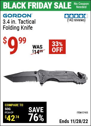 Buy the GORDON 3.4 In. Pocket Knife (Item 57455) for $9.99, valid through 11/28/2022.