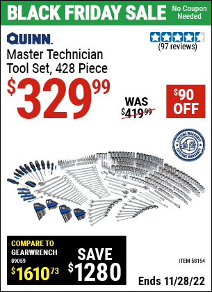 Buy the QUINN Master Technician Tool Set (Item 58154) for $329.99, valid through 11/28/2022.