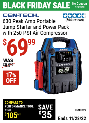 Buy the CEN-TECH 630 Peak Amp Portable Jump Starter and Power Pack with 250 PSI Air Compressor (Item 58978) for $69.99, valid through 11/28/2022.