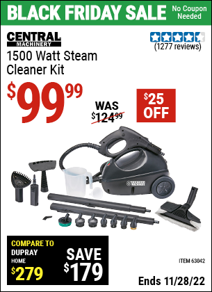 Buy the CENTRAL MACHINERY 1500 Watt Steam Cleaner Kit (Item 63042) for $99.99, valid through 11/28/2022.